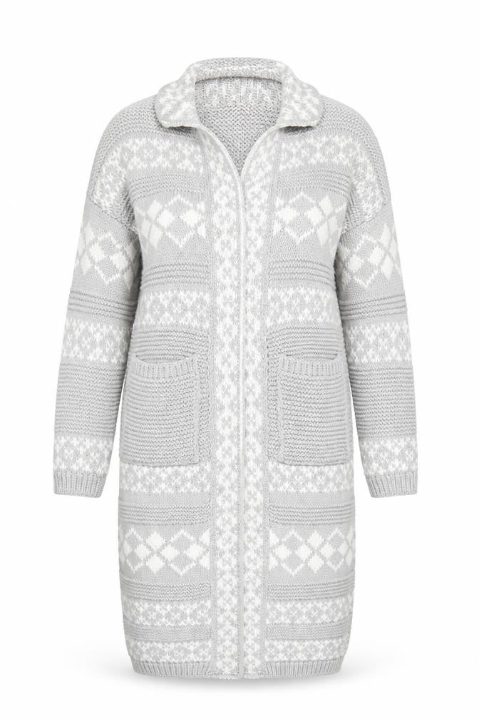 Front view of Dorothy Perkins women’s grey geometric cardigan jumper, size M