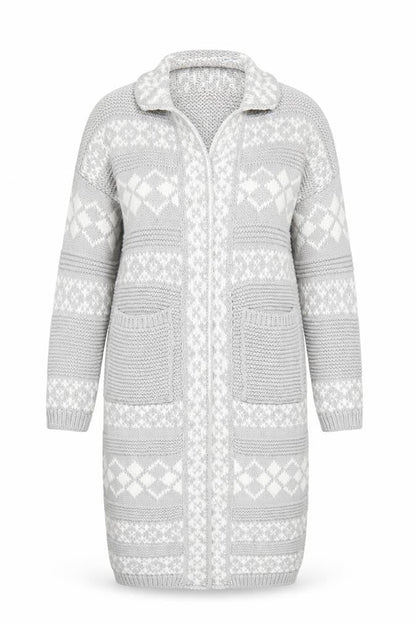 Front view of Dorothy Perkins women’s grey geometric cardigan jumper, size M