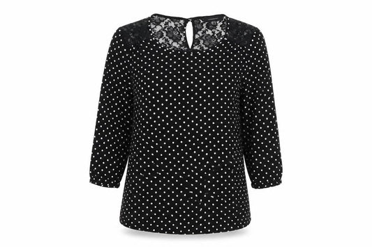 Front view of Atmosphere women’s black polka dot basic blouse, size UK 10