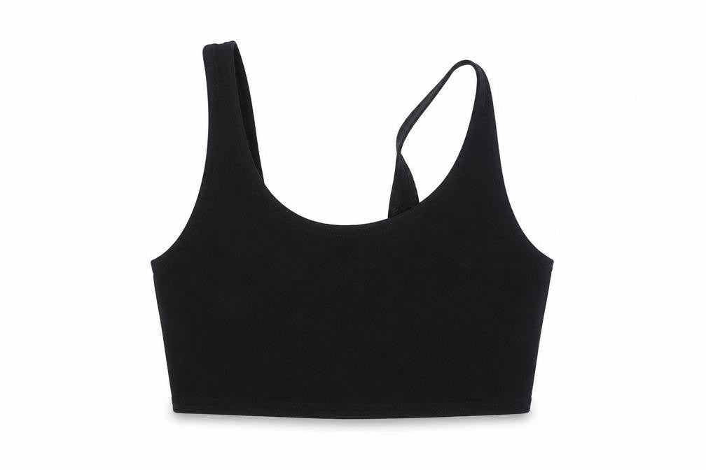 Front view of Boohoo women’s black cropped tank, size UK 10