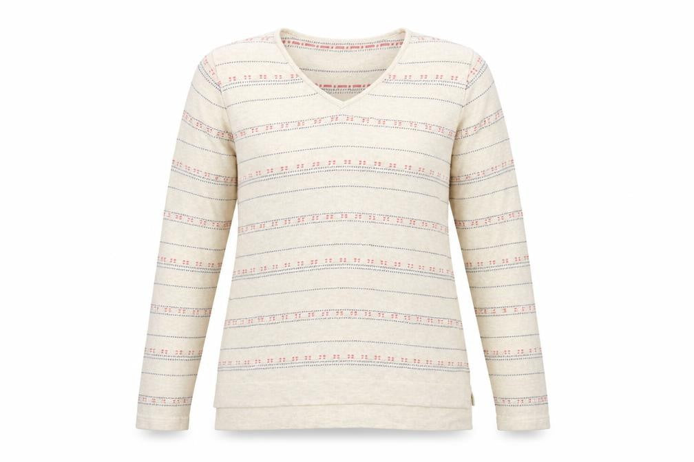 Front view of Dash women’s beige striped knit jumper, size UK 12