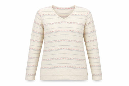 Front view of Dash women’s beige striped knit jumper, size UK 12
