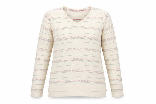 Front view of Dash women’s beige striped knit jumper, size UK 12
