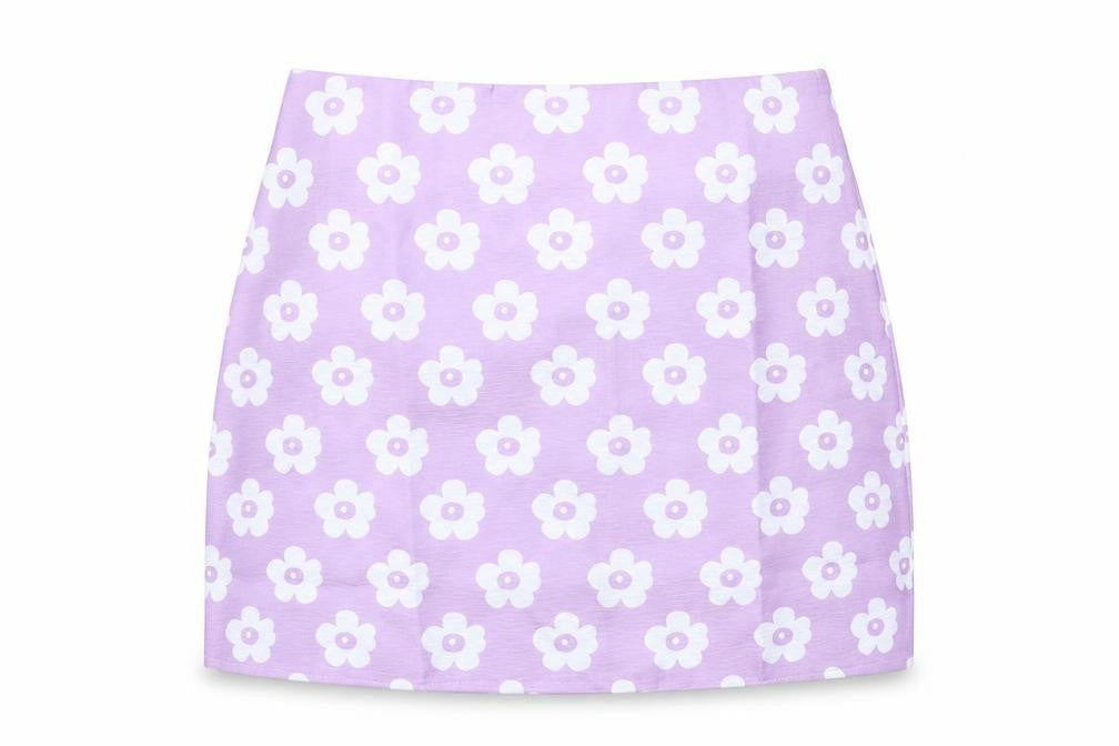 Front view of SHEIN women’s purple floral a-line skirt, size S
