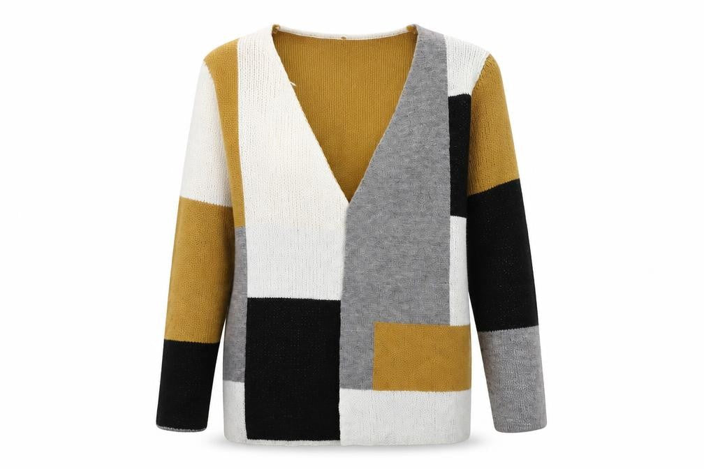 Front view of SHEIN women’s brown geometric knit cardigan jumper, size S