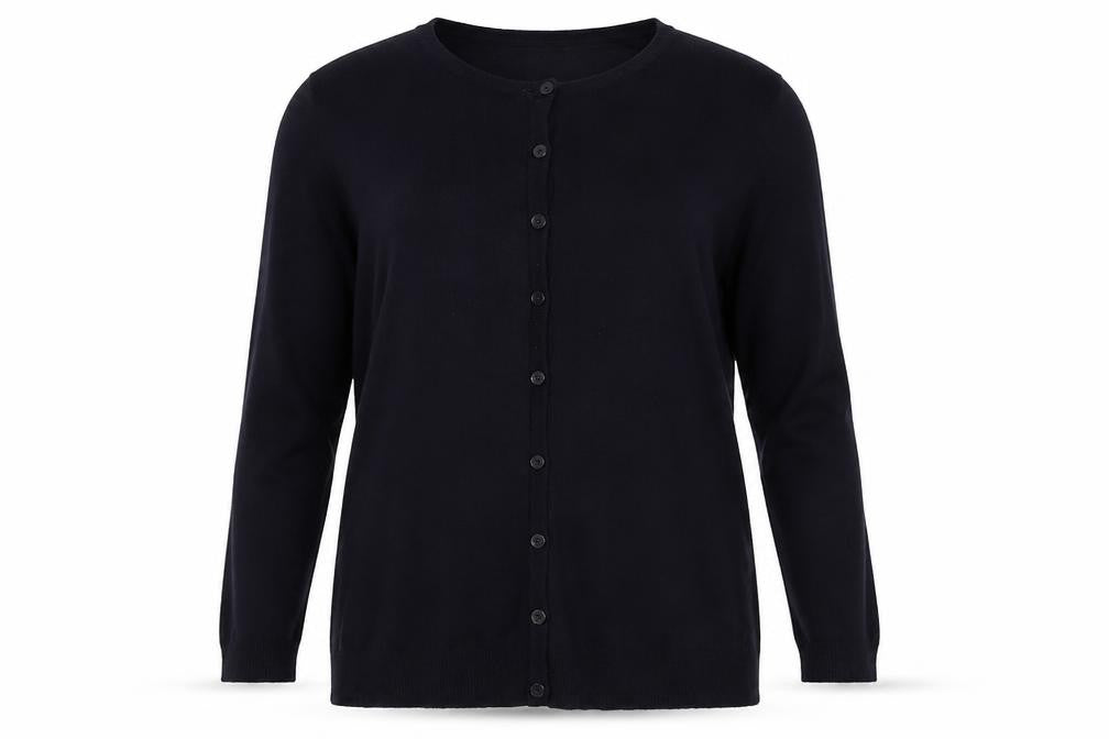 Front view of Isle women’s blue knit cardigan jumper, size UK 14