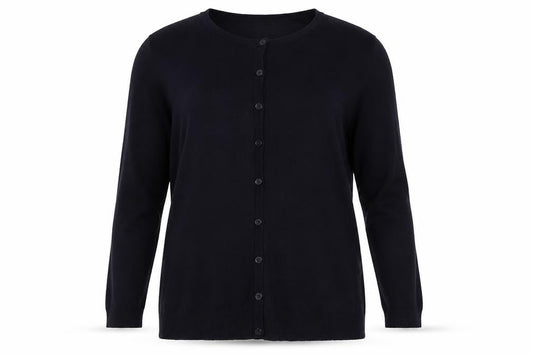 Front view of Isle women’s blue knit cardigan jumper, size UK 14
