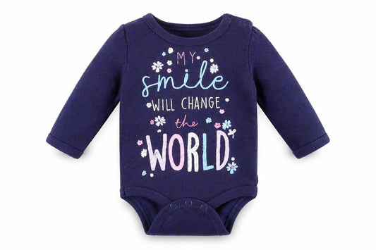 Front view of so cute girls’ blue babygrow one-piece, size 0-3, months