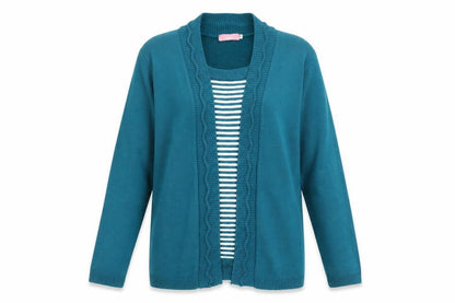 Front view of sarah hamilton women’s green striped knit jumper, size M