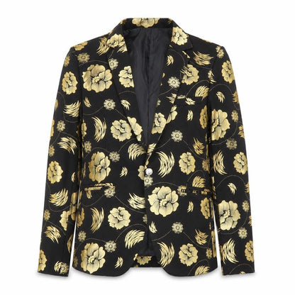 Front view of Preworn women’s gold floral jacket blazer, size M