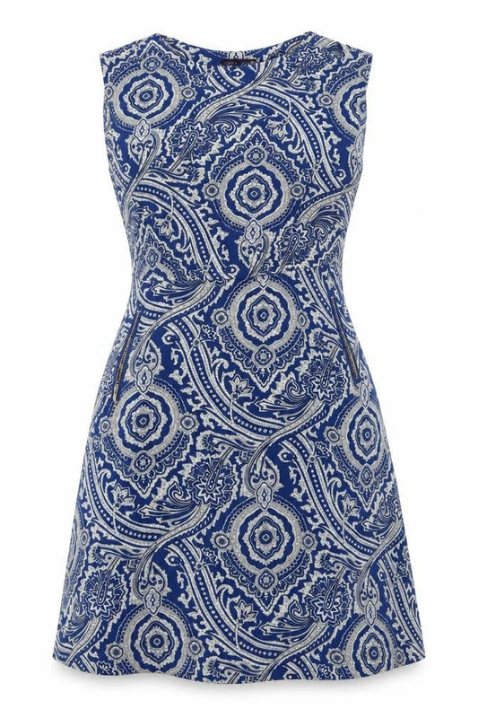 Front view of Rubee B women’s blue geometric fit & flare, size UK 8