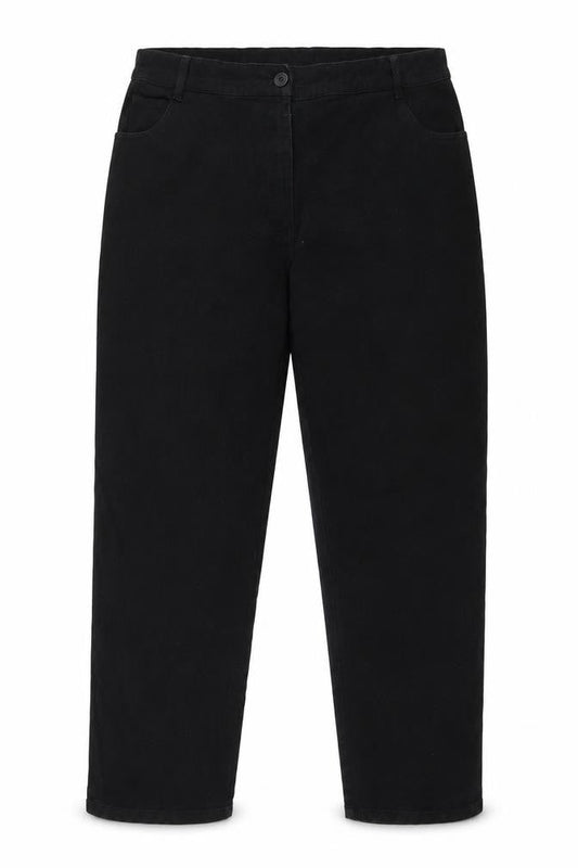 Front view of women’s black mom jeans, size L, 27-inch leg