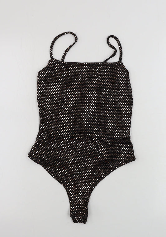 PRETTYLITTLETHING  Womens Black Ikat  Bodysuit One-Piece Size 6  - sequin detail