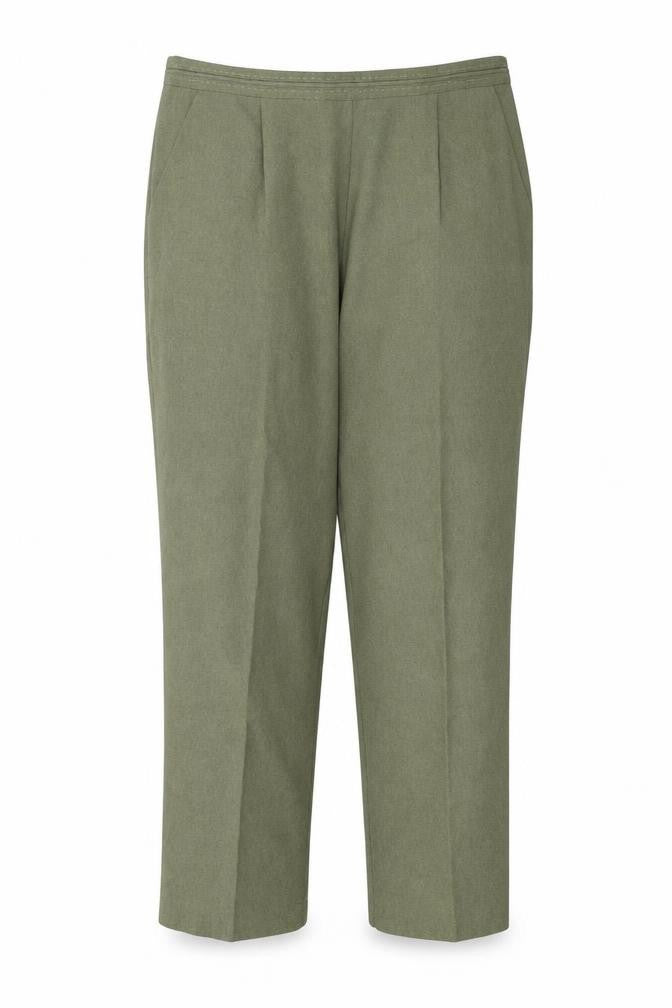 Front view of Bonmarché women’s green trousers, size UK 18, 25-inch leg
