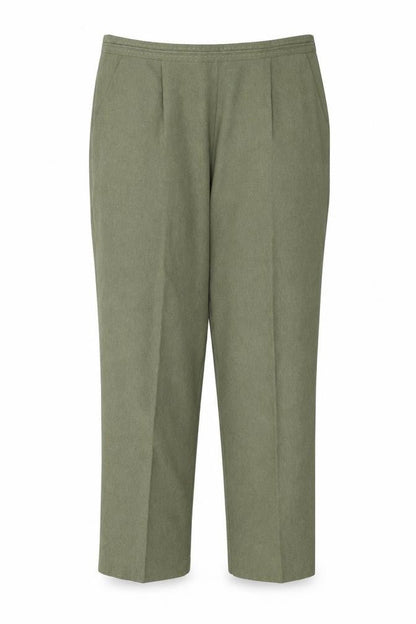 Front view of Bonmarché women’s green trousers, size UK 18, 25-inch leg