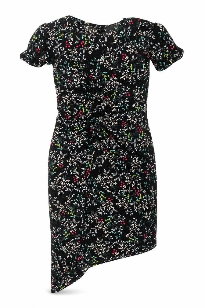 Front view of Very women’s black floral mini, size UK 10, - asymmetric hem