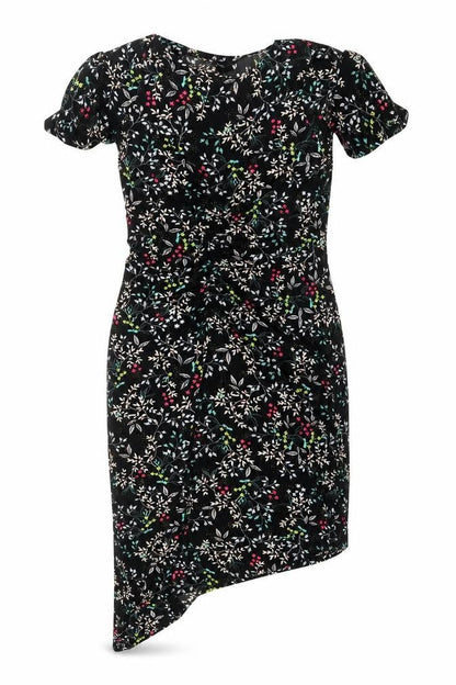 Front view of Very women’s black floral mini, size UK 10, - asymmetric hem