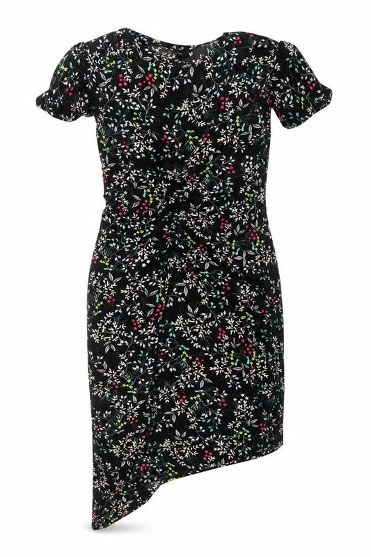 Front view of Very women’s black floral mini, size UK 10, - asymmetric hem