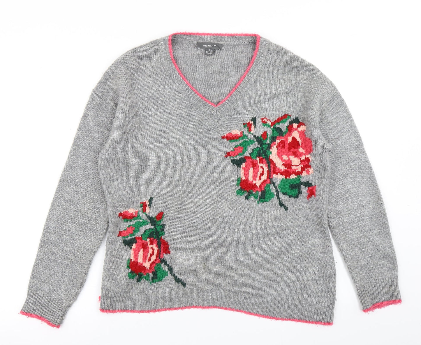 Primark Womens Grey Floral Knit Pullover Jumper Size S
