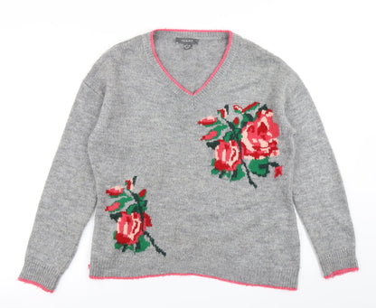 Primark Womens Grey Floral Knit Pullover Jumper Size S