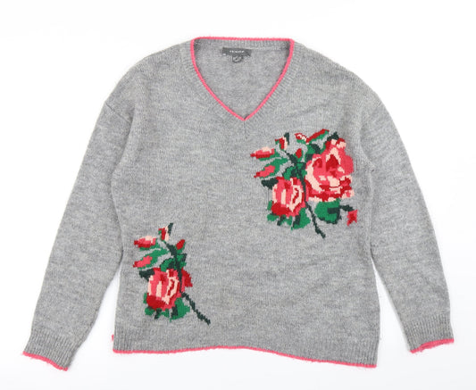 Primark Womens Grey Floral Knit Pullover Jumper Size S