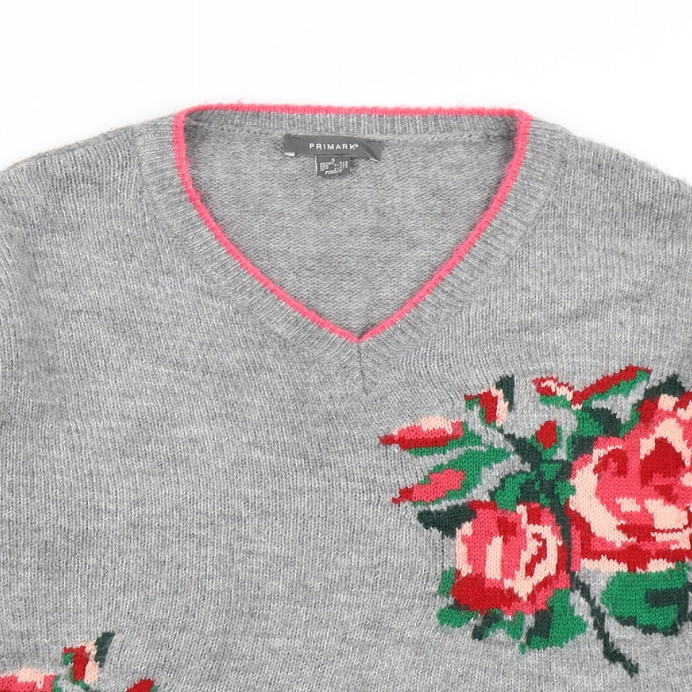 Primark Womens Grey Floral Knit Pullover Jumper Size S