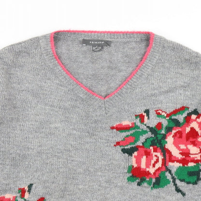 Primark Womens Grey Floral Knit Pullover Jumper Size S