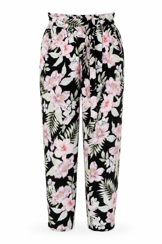 Front view of New Look women’s black floral trousers, size UK 6, 20-inch leg