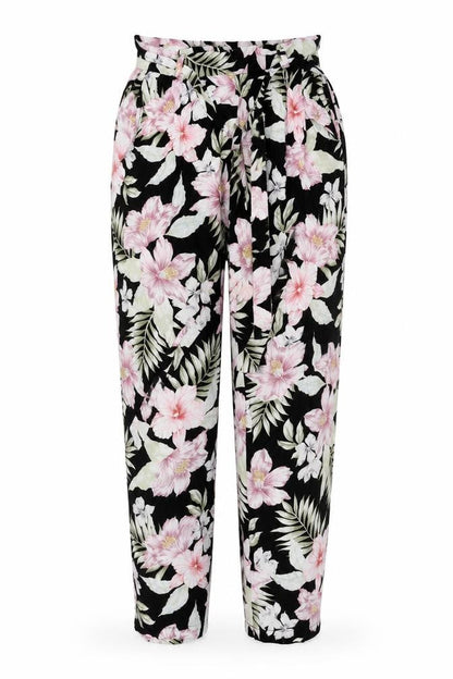 Front view of New Look women’s black floral trousers, size UK 6, 20-inch leg