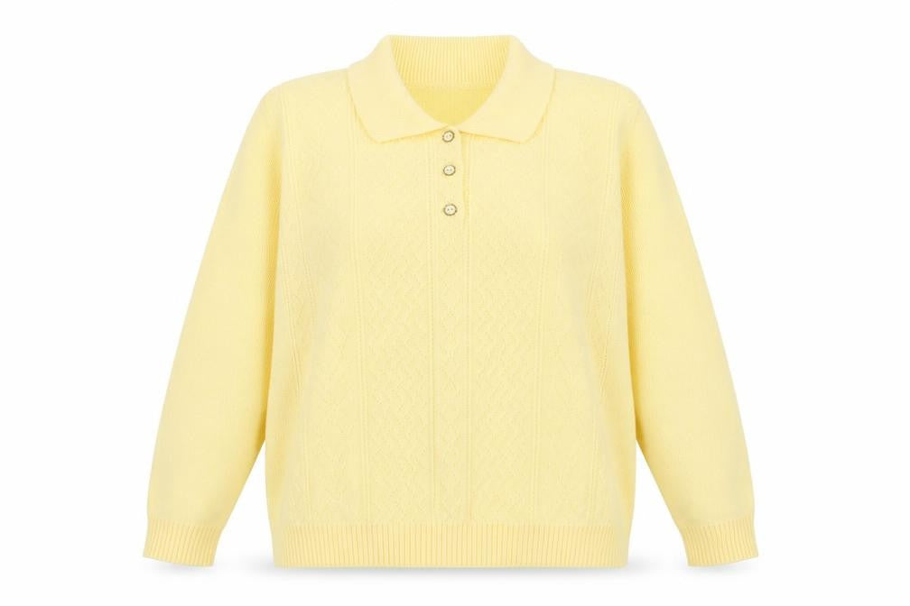 Front view of Lizzi Clarke women’s yellow henley jumper, size L