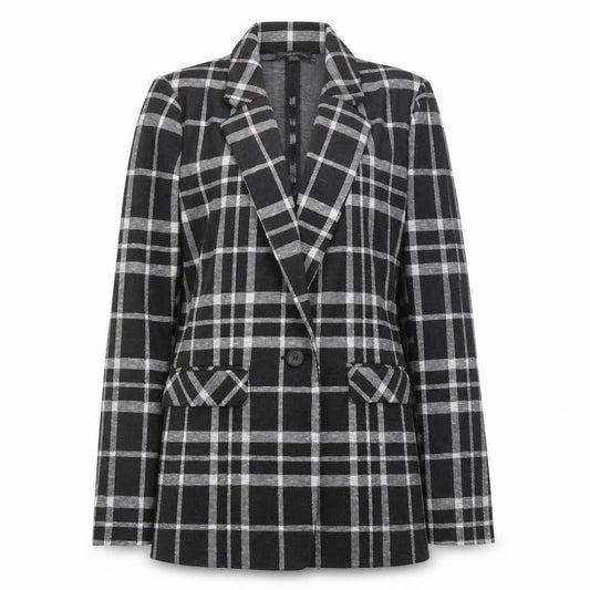 Front view of Primark women’s black plaid jacket suit, size UK 8