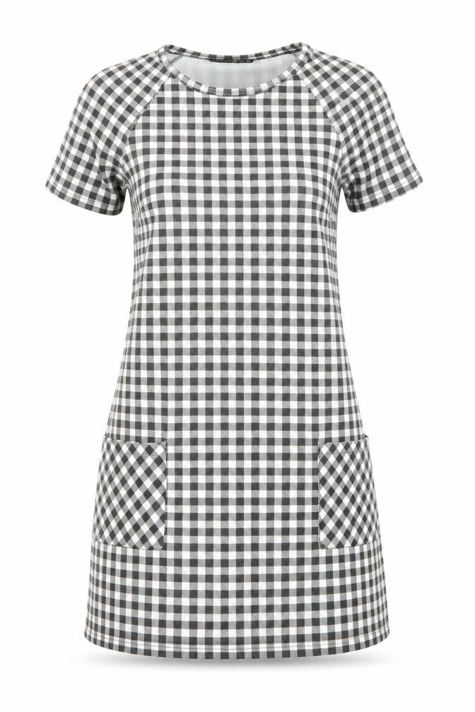 Front view of Atmosphere women’s black check t-shirt dress, size UK 10