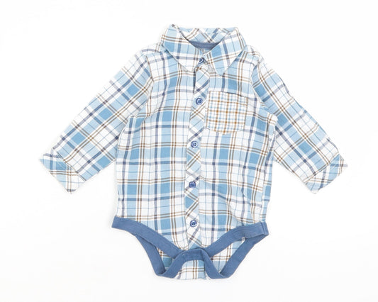 Front view of Matalan Baby Blue Plaid Romper One-Piece, size 3-6, Months