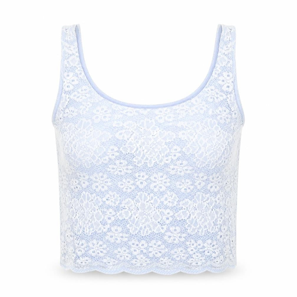 Front view of Topshop women’s blue floral cropped tank, size UK 6