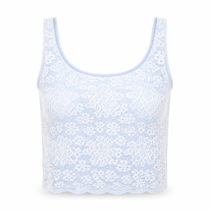 Front view of Topshop women’s blue floral cropped tank, size UK 6