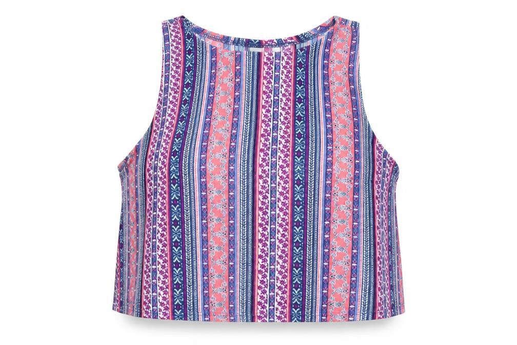 Front view of Divided women’s blue striped cropped tank, size M
