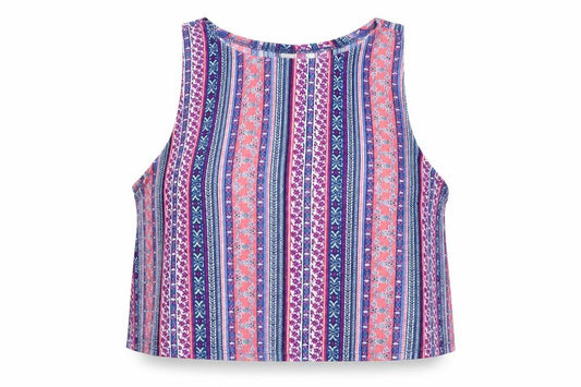 Front view of Divided women’s blue striped cropped tank, size M