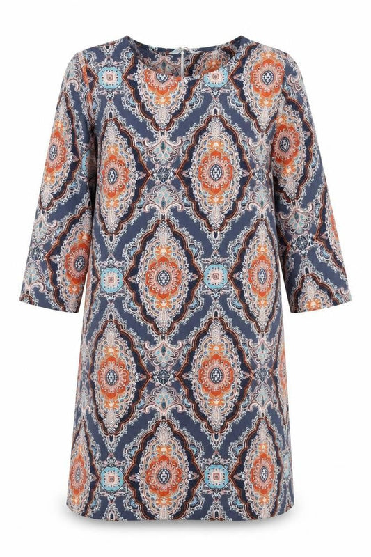 Front view of Peacocks women’s blue geometric shift, size UK 10