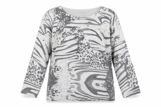 Front view of Ann Marie women’s grey animal print jumper, size L, - leopard print