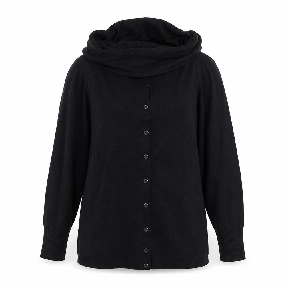 Front view of Preworn women’s black cardigan jumper, size M