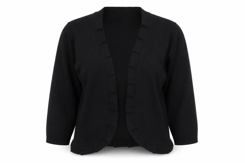 Front view of Preworn women’s black rayon cardigan jumper, size M
