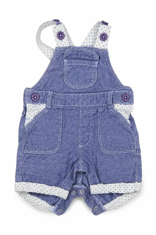 Front view of Matalan girls’ blue dungaree one-piece, size 0-3, months