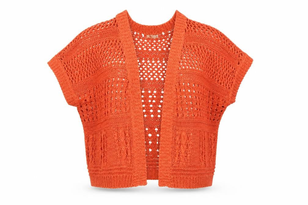 Front view of Tu women’s orange cardigan jumper, size UK 10