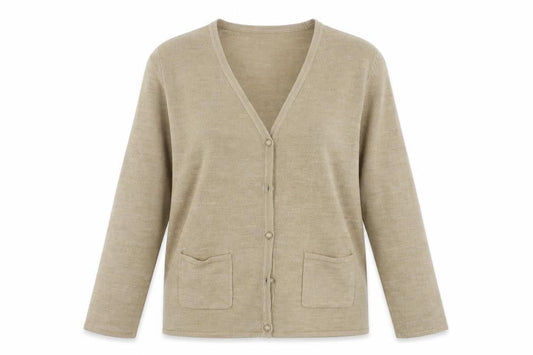 Front view of Bonmarché women’s beige cardigan jumper, size M