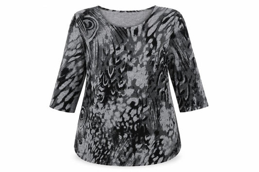 Front view of Sugar Crisp women’s grey geometric jumper, size UK 12