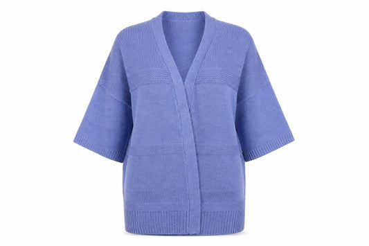 Front view of Capsule women’s blue cardigan jumper, size UK 12
