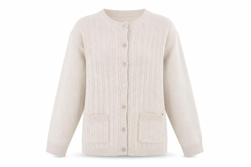 Front view of Akal Collection women’s brown cardigan jumper, size M