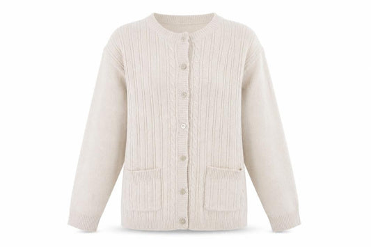 Front view of Akal Collection women’s brown cardigan jumper, size M
