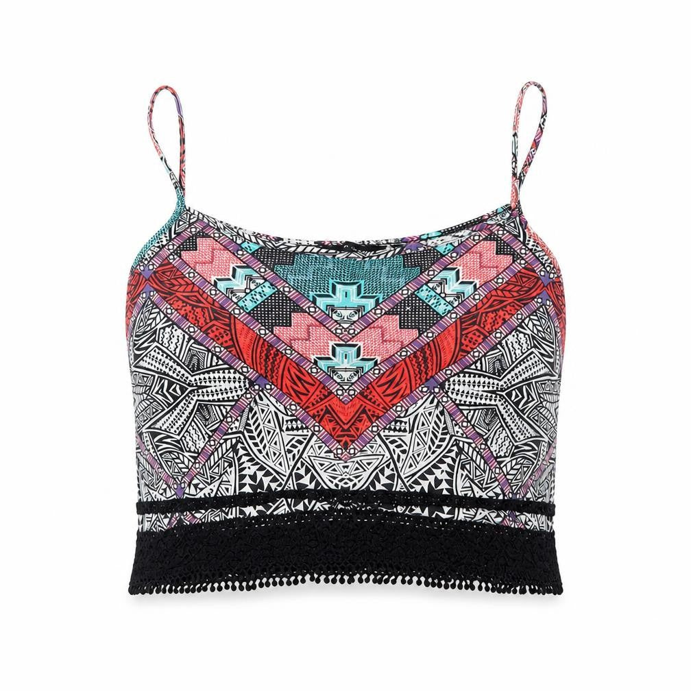 Front view of New Look women’s black geometric cropped t-shirt, size UK 14