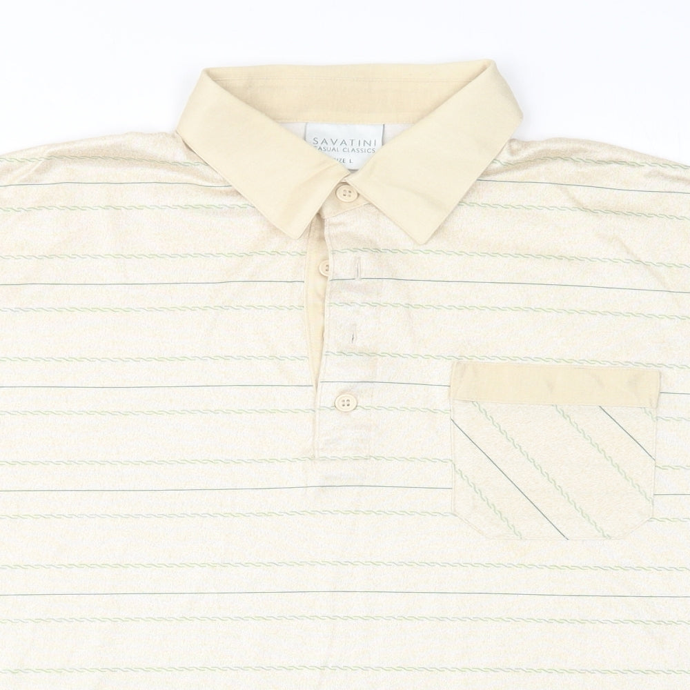 SAVATINI Mens Beige Striped Rayon  Polo Size L